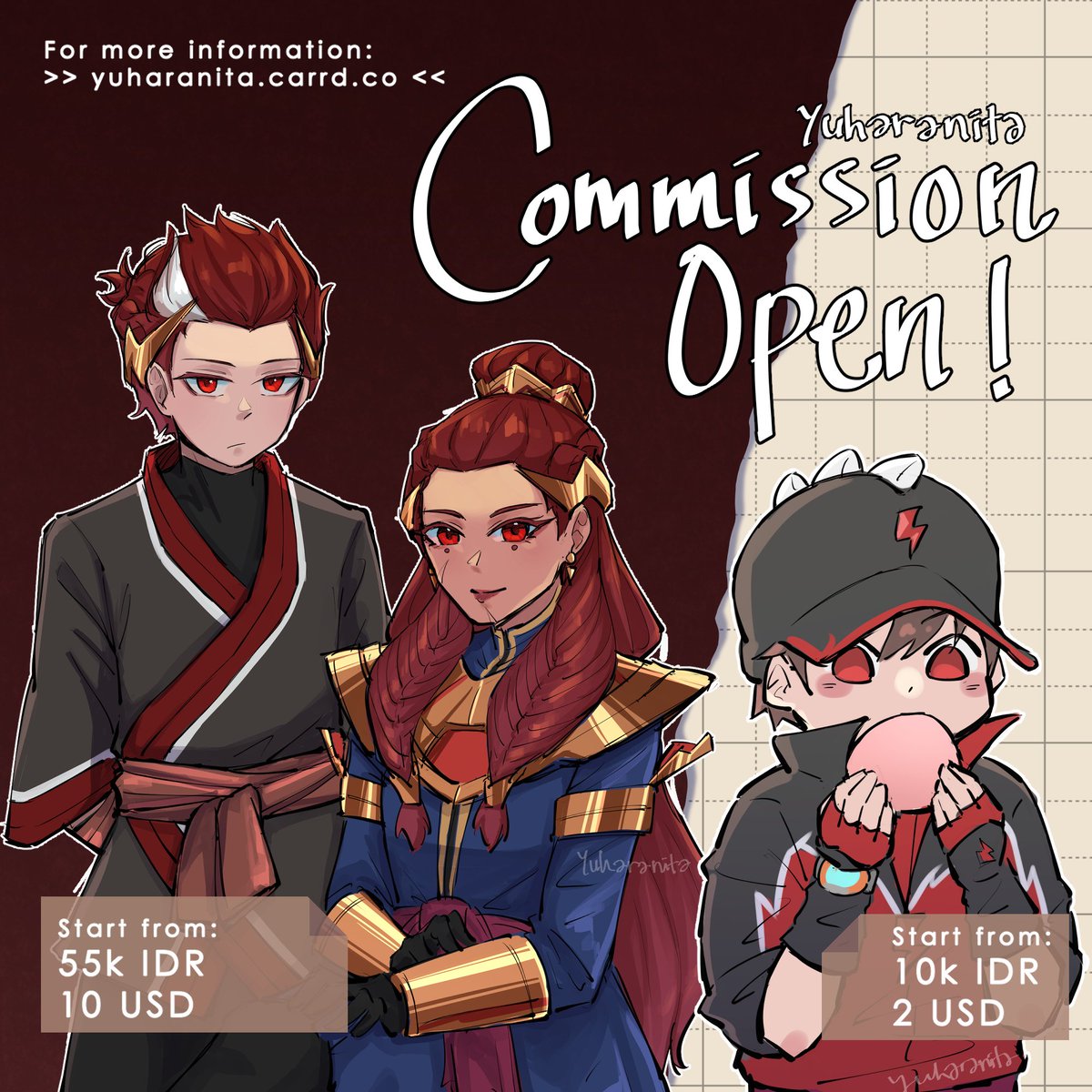 [ Commission Open ! ]
Local & International
.
Available for 3 slots only for this month!
More information: yuharanita.carrd.co

#opencommissions #ArtCommission