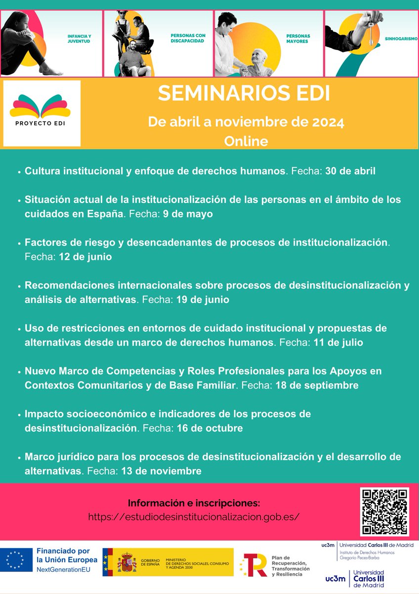 🔴#SeminariosdeEstudiosEDI
📌Organizan: <a href="/idhbc_uc3m/">Derechos Humanos (IDHPB)</a> y <a href="/MSocialGob/">Ministerio de Derechos Sociales, Consumo y A2030</a>
 📅De abril a noviembre de 2024
 🖥️Online a través de ZOOM
 📘Programa y  📝registro ↩️
estudiodesinstitucionalizacion.gob.es/proximos-semin…