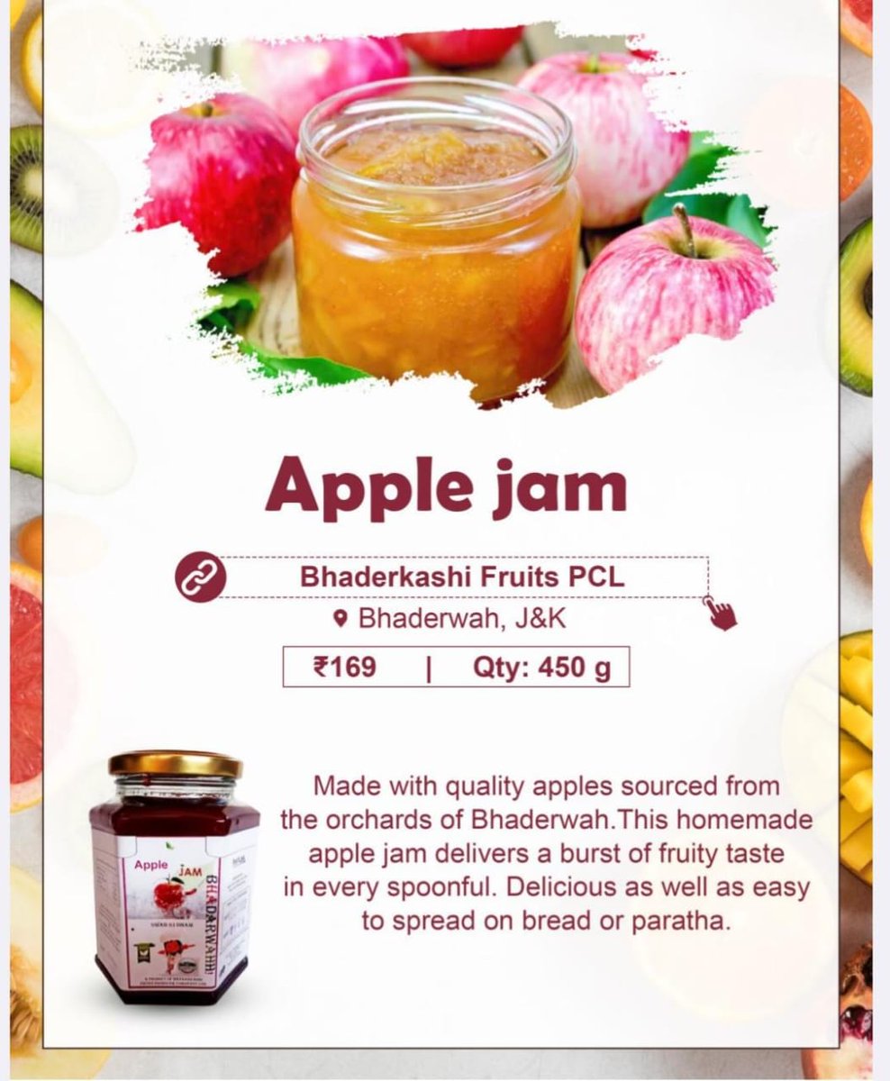 Jam of the day😋

Apple Jam- made with famous Bhaderwah apples. Pure & delicious as fresh apples are used for preparing.
Order now👇🛒
mystore.in/en/product/app…

Spread the Joy 😇

@AgriGoI @OfficeOfLGJandK @ONDC_Official @PIB_India @mygovindia #VocalForLocal #HealthyEating  #tasty