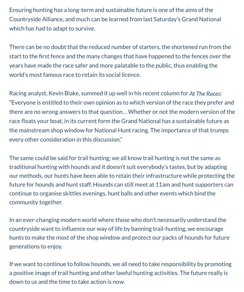 Great stuff from the Campaign for Hunting @FollowHounds on the Grand National and trail hunting quoting @kevinblake2011 “The future really is down to us and the time to take action is now”