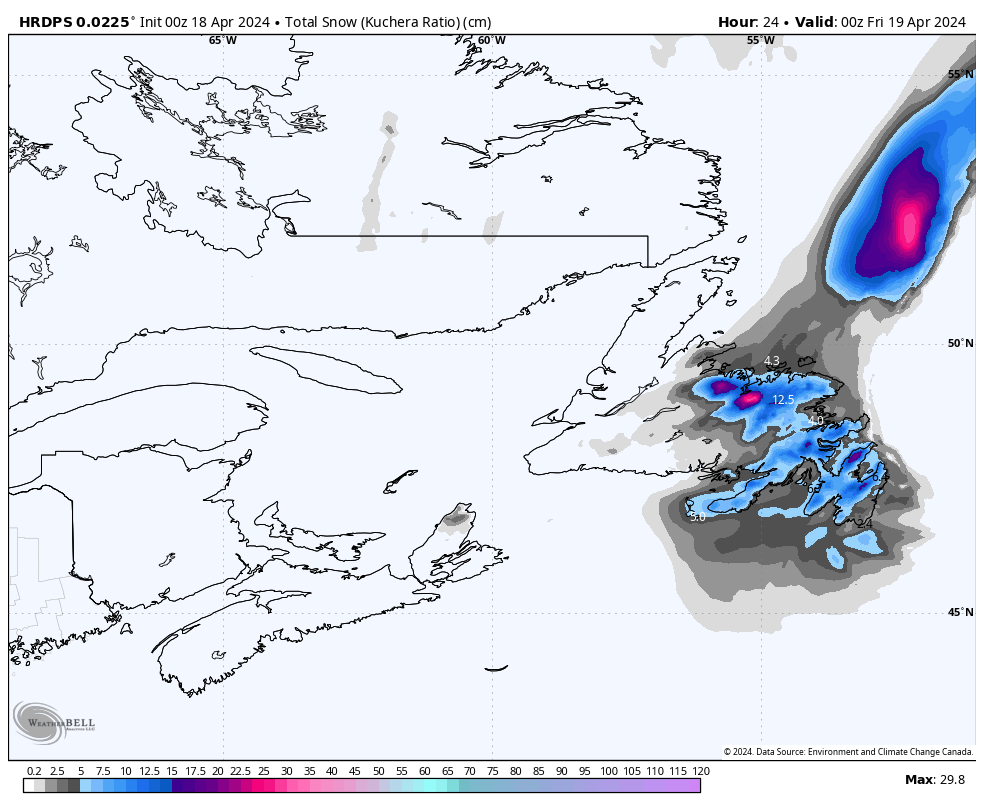 Roads through Central Newfoundland are reported as snow-covered or partly snow-covered this morning. This is the area that will see the most snow today. The latest forecasts indicate that as well. #nlwx