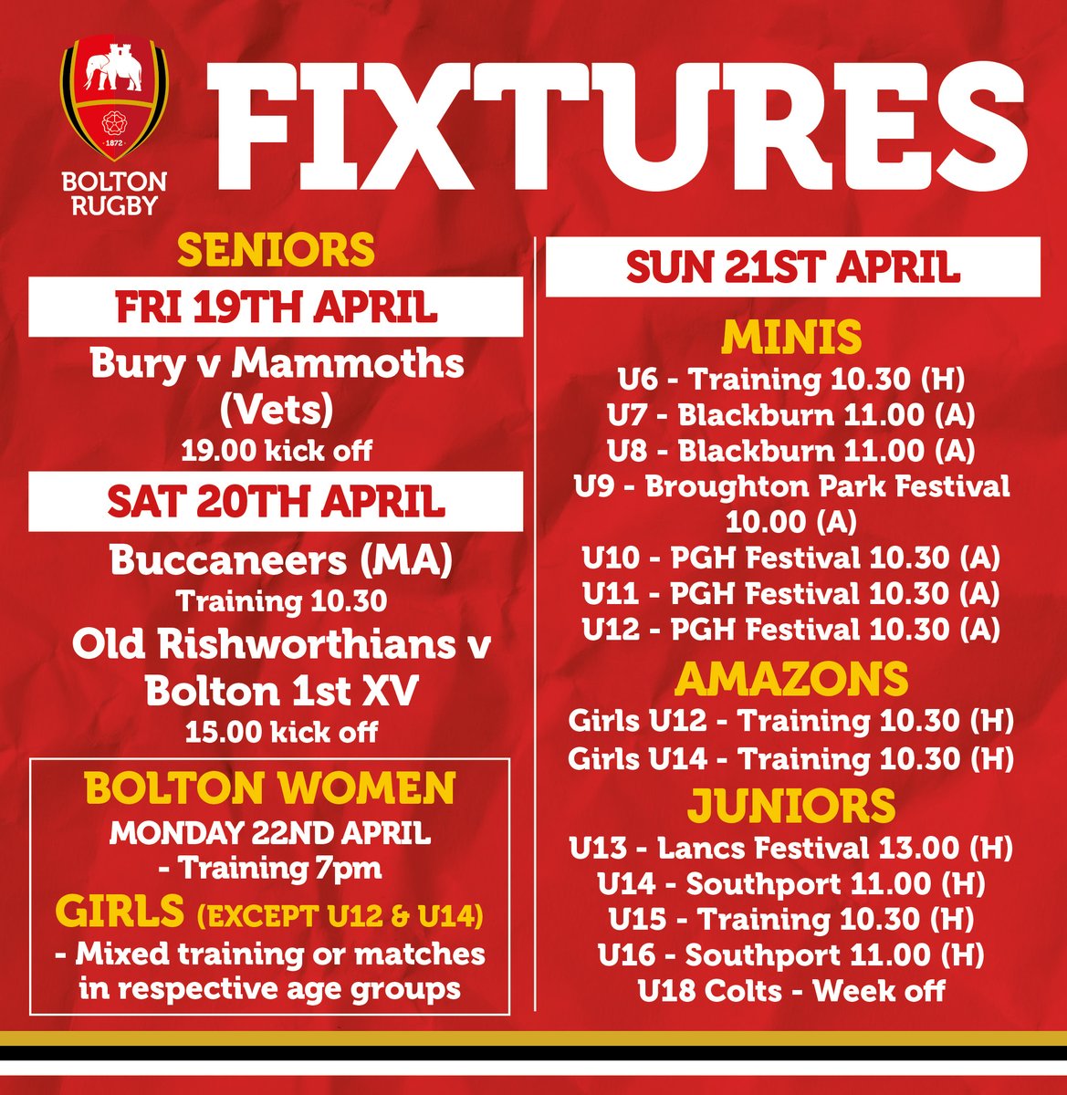 Here are the weekend fixtures. The Mammoths Vets are in action on Friday night as they travel to Bury KO 7pm. On Sat @BuccaneersMA are training at the club at 10.30am & the 1st XV are away at Old Rishworthians KO 3pm. Good luck to all our teams! #boltonrufc #girlsrugby #MARugby