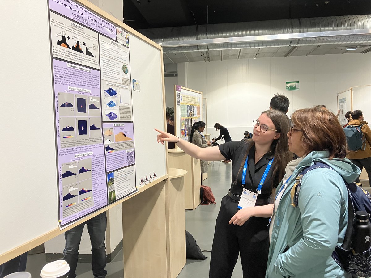 Kendra presenting her work on the influence of alteration on volcanic stability! 🌋 3D models! Check out her poster at X1.151 this afternoon (16H15-18H00) in 'Volcanic processes: tectonics, deformation, geodesy, unrest' #EGU24 @EGU_GMPV @claire_harnett1