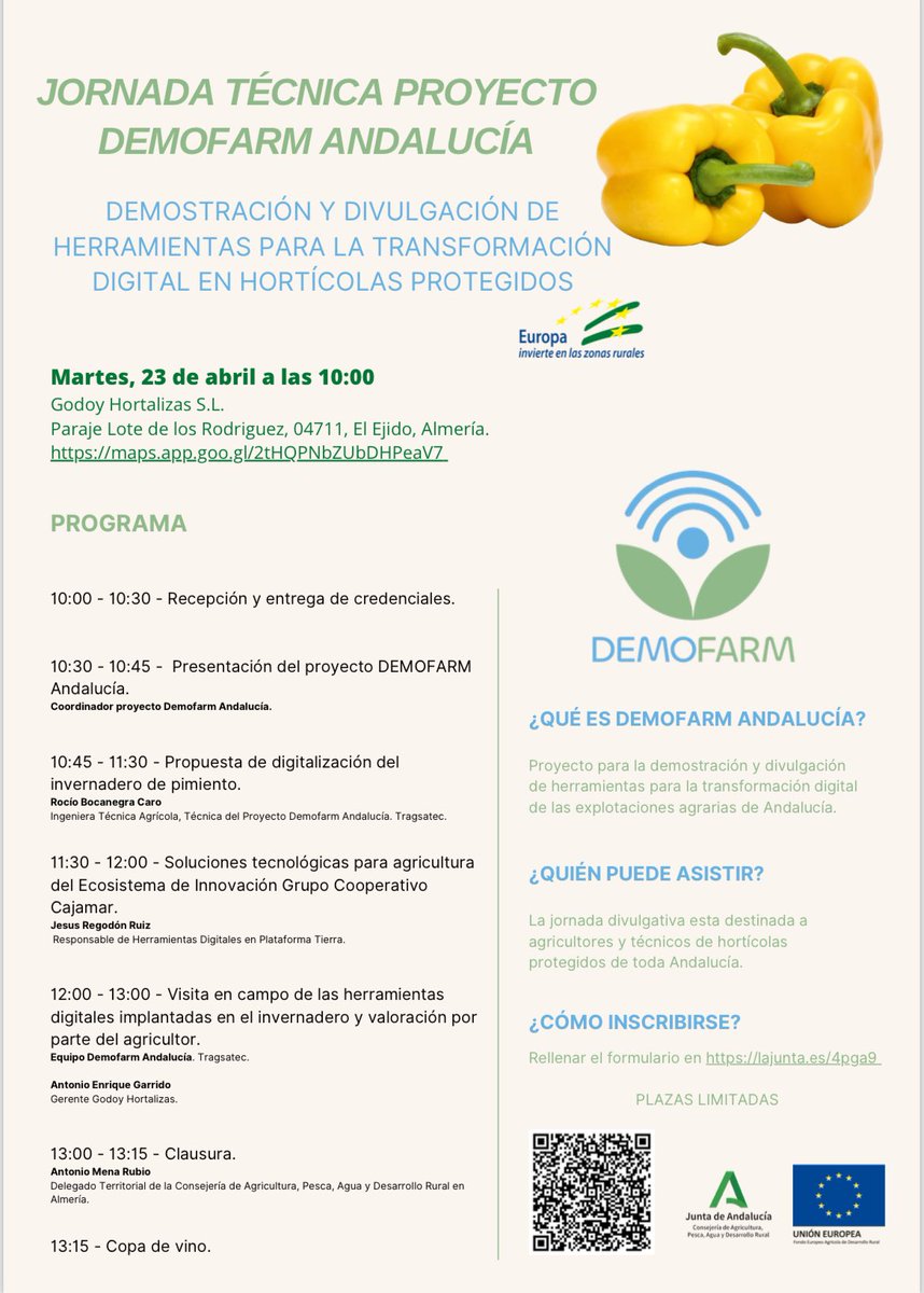 #Agenda: @Demofarm_A organiza  una jornada demostrativa sobre herramientas para la #TransformacionDigital en Hortícolas protegidos  

¡Plazas limitadas!

📅 Martes 23 de abril 
🕥 10.30 a 13 h
📍El Ejido, #Almeria 
✍🏻 lajunta.es/4pga9