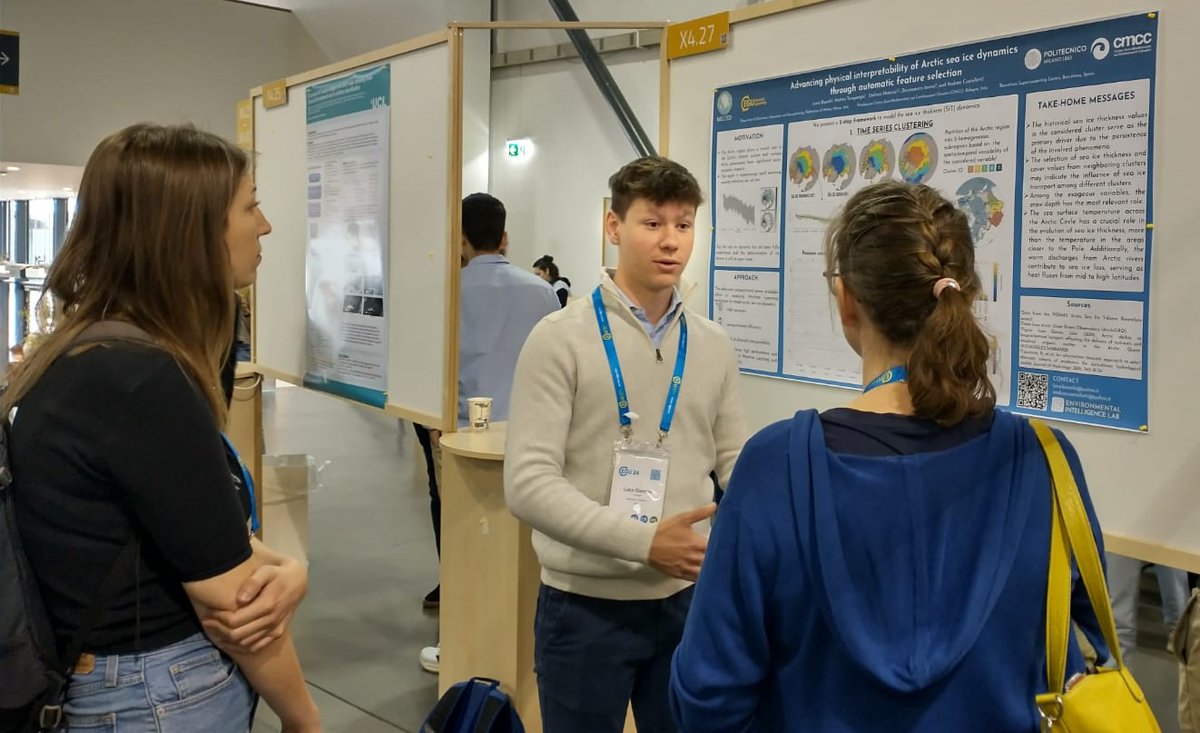 Luca Bianchi presenting our machine learning framework to identify the drivers of Arctic sea ice dynamics at #EGU24 Read more about our work here: meetingorganizer.copernicus.org/EGU24/EGU24-10…