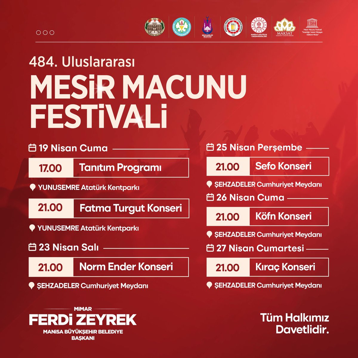 Yıllardır hasretini çektiğimiz 484. Uluslararası Mesir Macunu Festivali’ne hazırız. 23-28 Nisan arasında gerçekleşecek festivalimizde birbirinden güzel etkinlikler ve sanatçılarla buluşacağız. Gelin, 23 Nisan Bayramımızın ve Festivalimizin coşkusunu birlikte yaşayalım.☺️