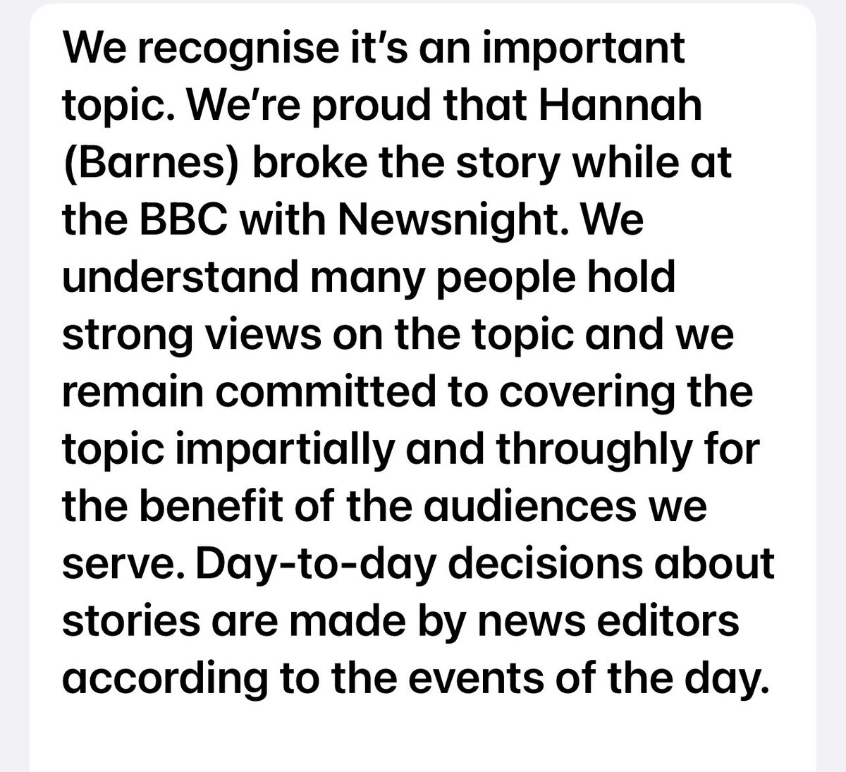 The BBC’s responded to criticism voiced by @hannahsbee and others of its coverage of the puberty blockers scandal, saying it’s proud she broke the story at the BBC. Shout out to @deb_cohen since her contribution is overlooked in the statement (as read out on The R4 Media Show)