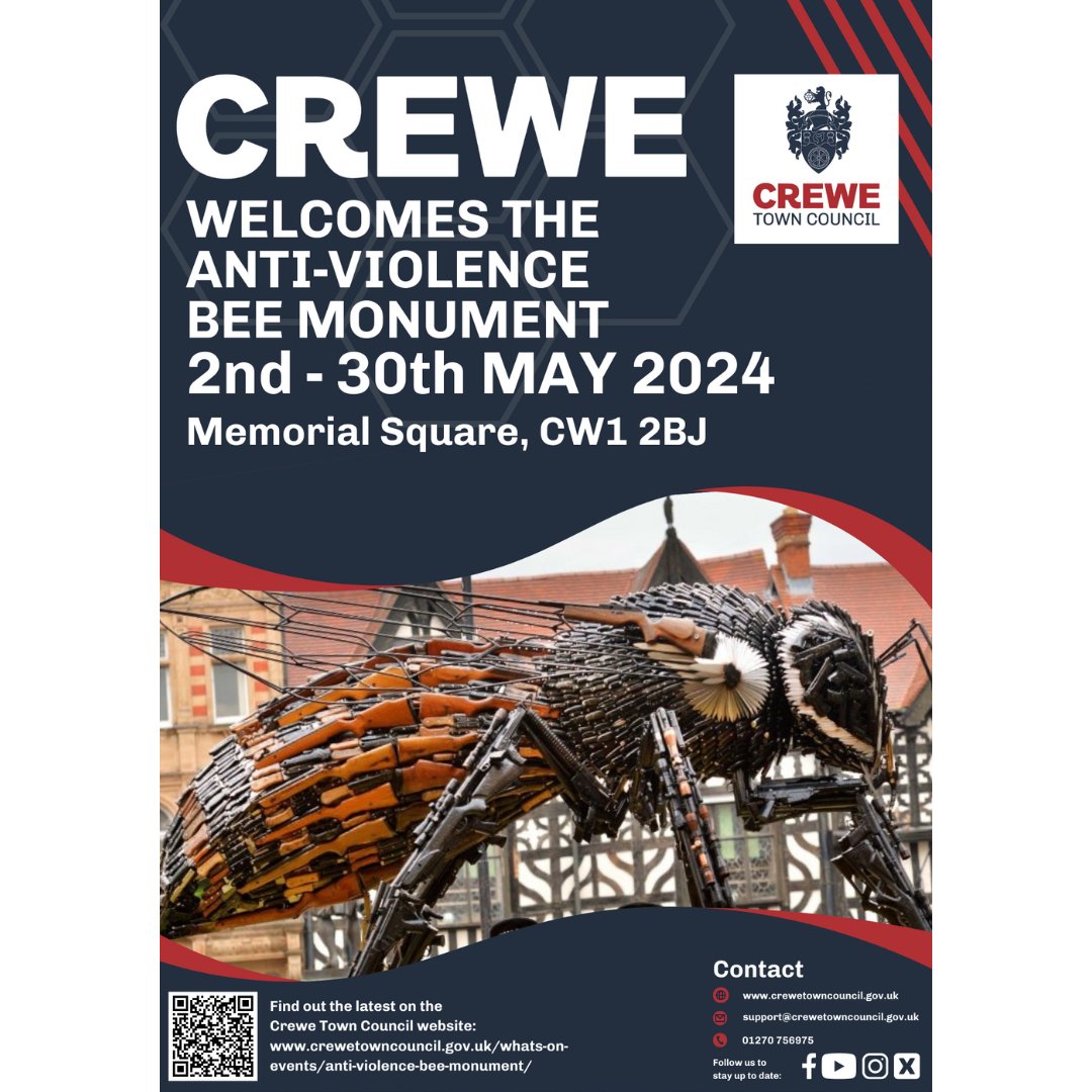 📣 Supporting programme of community activities for the Anti-Violence Bee Monument visit in May announced! 📣 The programme has been put together by Crewe Town Council, Crewe Police & the Safer Cheshire East Partnership. ➡️crewetowncouncil.gov.uk/beevisitactivi… #AntiViolenceBeeCrewe #Crewe
