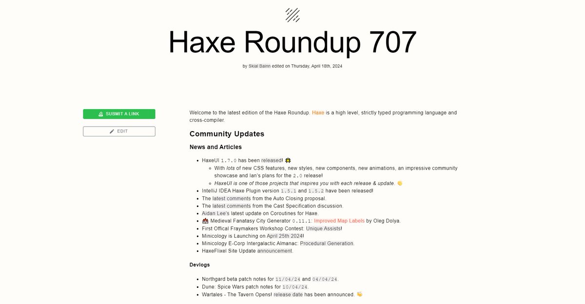 #Haxe Roundup 707 haxe.io/roundups/707/ is out!

Grab a coffee &amp; catch-up on this weeks news, the HaxeUI 1.7.0 release, the latest proposal, spec, progress updates &amp; lots more articles! ☕

Plus lots more developements from the community over the last two weeks! 🔥