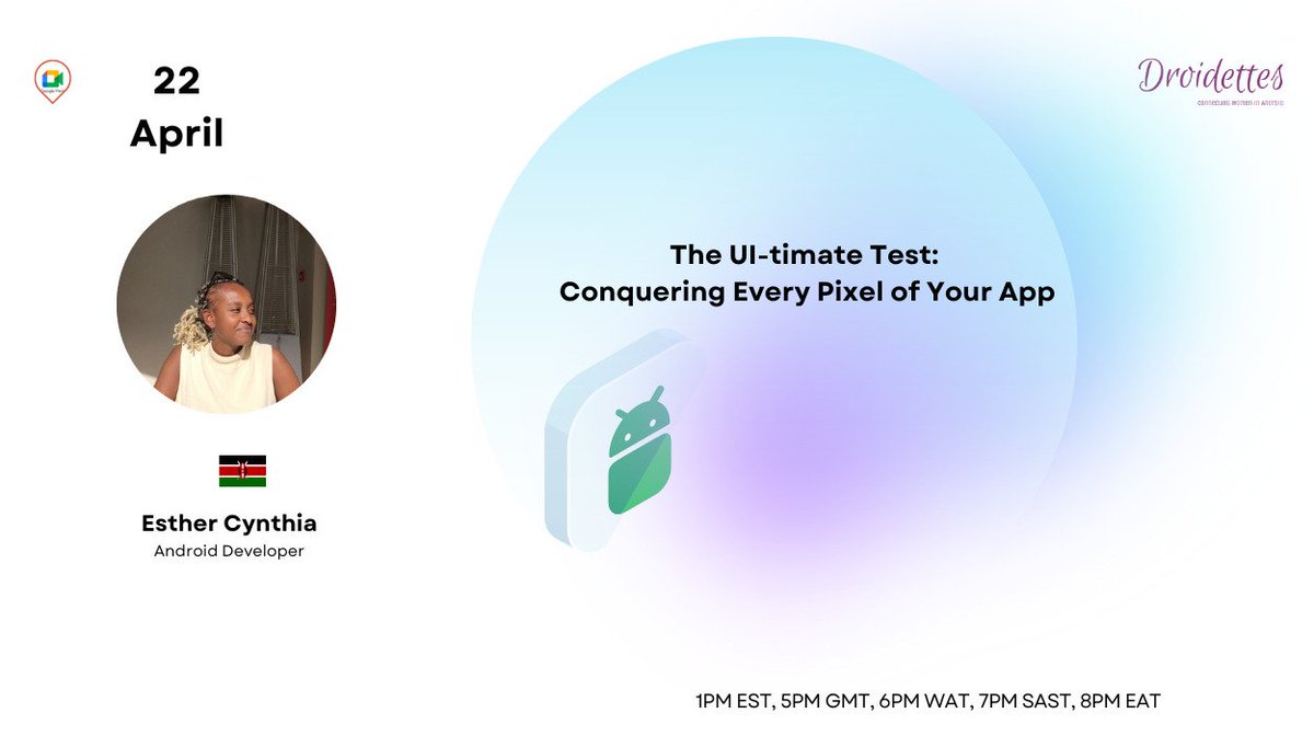 droidettes (@droidettes) on Twitter photo Hello🎉🎉,
Excited to announce our upcoming session on : " The UI-timate Test: Conquering Every Pixel of Your App" by <a href="/essyc14/">Esther Cynthia</a>🥳. Join us on Monday as we explore user interface testing.
Here is the link to RSVP📩: bit.ly/TheUI-timateTe… Hello🎉🎉,
Excited to announce our upcoming session on : " The UI-timate Test: Conquering Every Pixel of Your App" by <a href="/essyc14/">Esther Cynthia</a>🥳. Join us on Monday as we explore user interface testing.
Here is the link to RSVP📩: bit.ly/TheUI-timateTe…