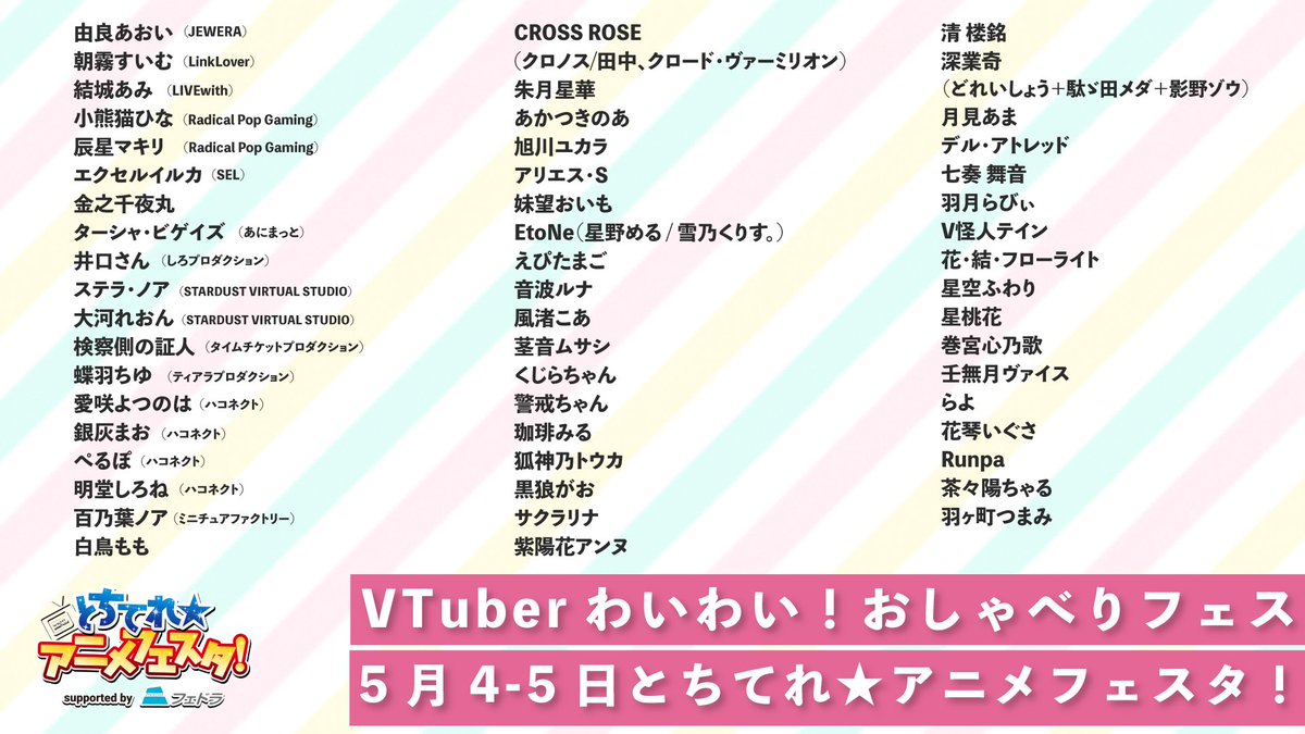 【5月4日〜5日 わいわい！おしゃべりフェス in とちてれ★アニメフェスタ2024】 出演者発表です！ 詳しくは画像をご確認ください。 宇都宮市内オリオンスクエアにて、参加VTuberさんと自由におしゃべりができます！ #しゃべフェス #とちてれアニメフェスタ