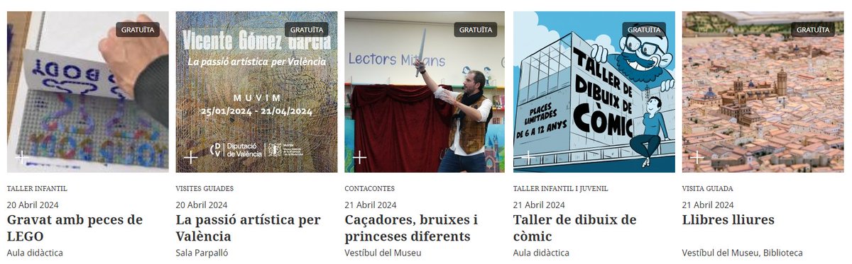 📣Activitats al #MuVIM!🏛 📅Dissabte 20 🖍Taller 'Gravat amb peces de LEGO' |⏰18:30h 🗣Visita 'La passió artística per València' |⏰18:30h 📆Diumenge 21 📖'Caçadores, bruixes i princeses' |⏰11:30h ✏️Taller 'Dibuix de còmic' |⏰12h 🌇Visita 'Llibres lliures' |⏰12:30h