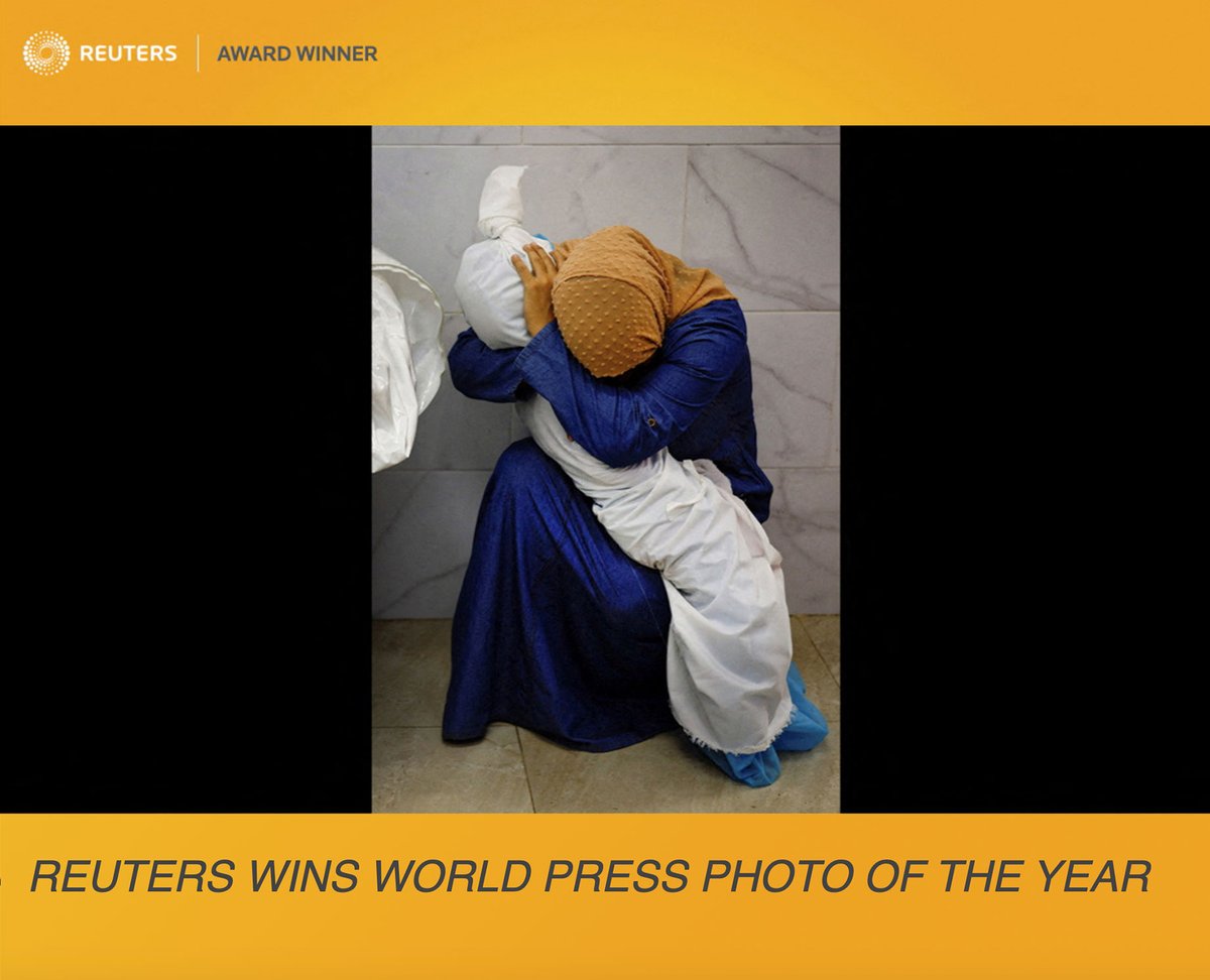 Reuters photojournalist Mohammed Salem wins World Press Photo of the Year Award.. #Palestinian woman Inas Abu Maamar, 36, embraces the body of her 5-year-old niece Saly, who was killed in an Israeli strike, at Nasser hospital in Khan Younis in the southern Gaza Strip