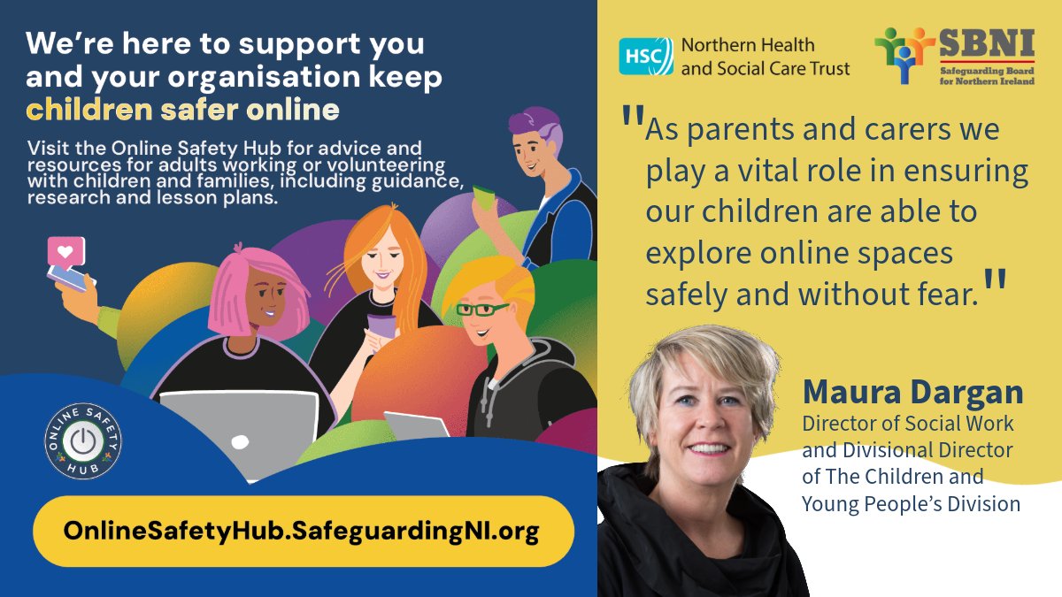 Our Director of Children &Young People Services, Maura Dargan, has welcomed the Safeguarding Board for Northern Ireland's new Online Safety Hub. It contains lots of valuable info for parents, carers & young people. Check it out orlo.uk/Qs6ap #SBNIOnlineSafetyHub