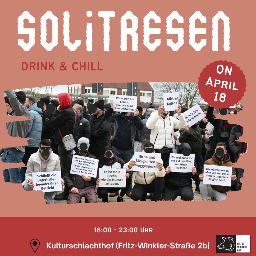 Solitresen heute 18Uhr im Kulturschlachthof #Jena

Die <a href="/SeebruckeJ/">Seebrücke Jena</a> wird über die menschenunwürdigen &amp; katastrophalen Zuständen im Lager #Hermsdorf berichten, Input zu ihrer Arbeit geben. Sie leistet dort wichtige Unterstützung, daher geht der Erlös vom Abend an sie. Kommt vorbei!