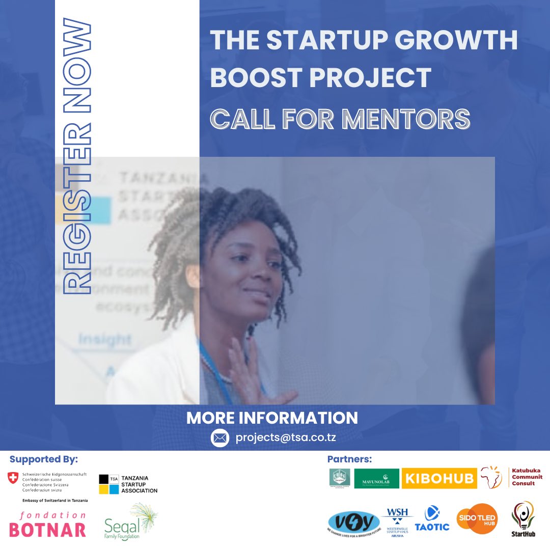 Call For Mentors 📢 Are you an industry expert passionate about nurturing and supporting startup success in Tanzania? Join us in the “Startup Growth Boost” project as a mentor to provide tailored support, facilitate workshops, and conduct training sessions for early-stage