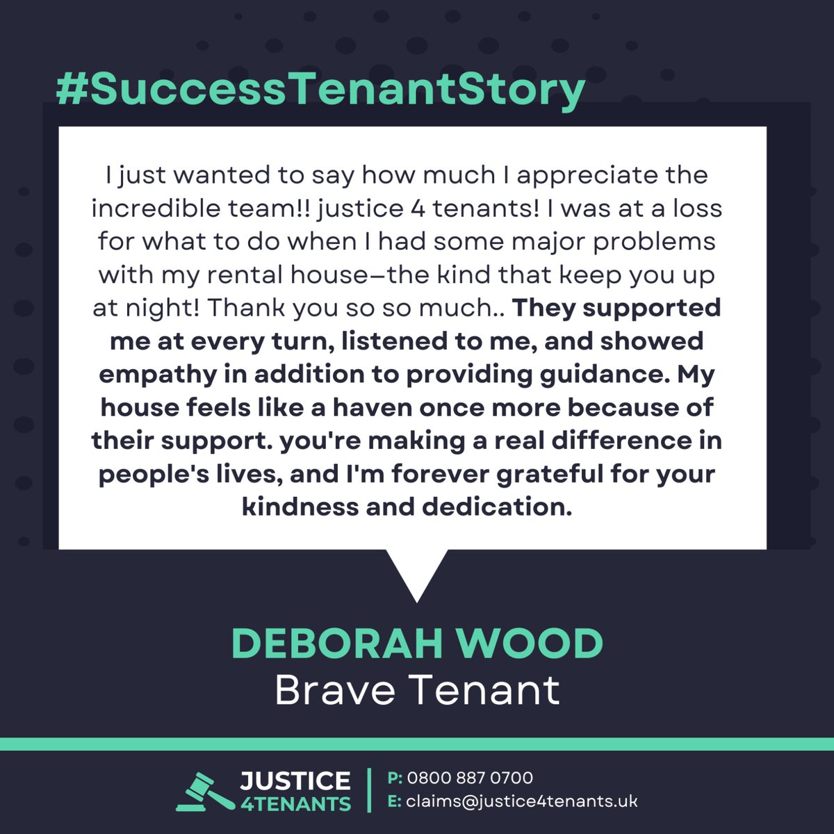 Thank you, Mrs. Deborah, for your kind words! We're glad we could help. Your satisfaction means the world to us! 

#HousingDisrepair #Just4Tenants #UKHousing #UKRenting #RentingInUK #TenantUK #HousingUK #UKProperty #TenantRightsUK #UKTenants #UKRenters #UKRentalMarket #Feedback