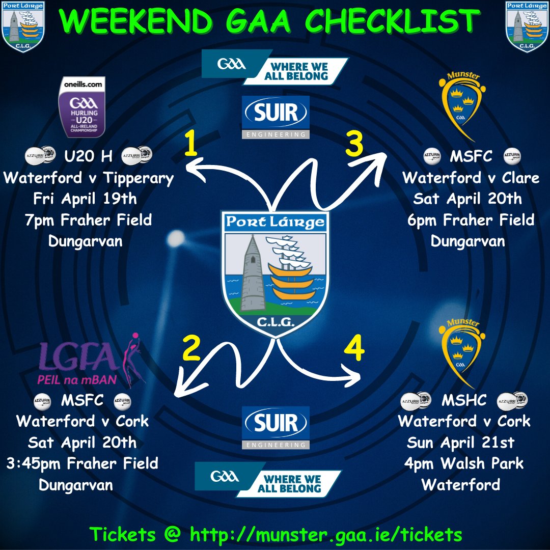 WaterfordGAA's tweet photo. 🔵⚪️ Lets get out this weekend and support all our teams 🔵⚪️
A bumper weekend of matches in Fraher Field and Walsh Park 

Friday - 7 PM - U20H (Fraher Field)
Saturday - 3:45PM LGFA (Fraher Field)
Saturday - 6:00PM - MSFC (Fraher Field)
Sunday - 4:00PM - MSHC (Walsh Park)