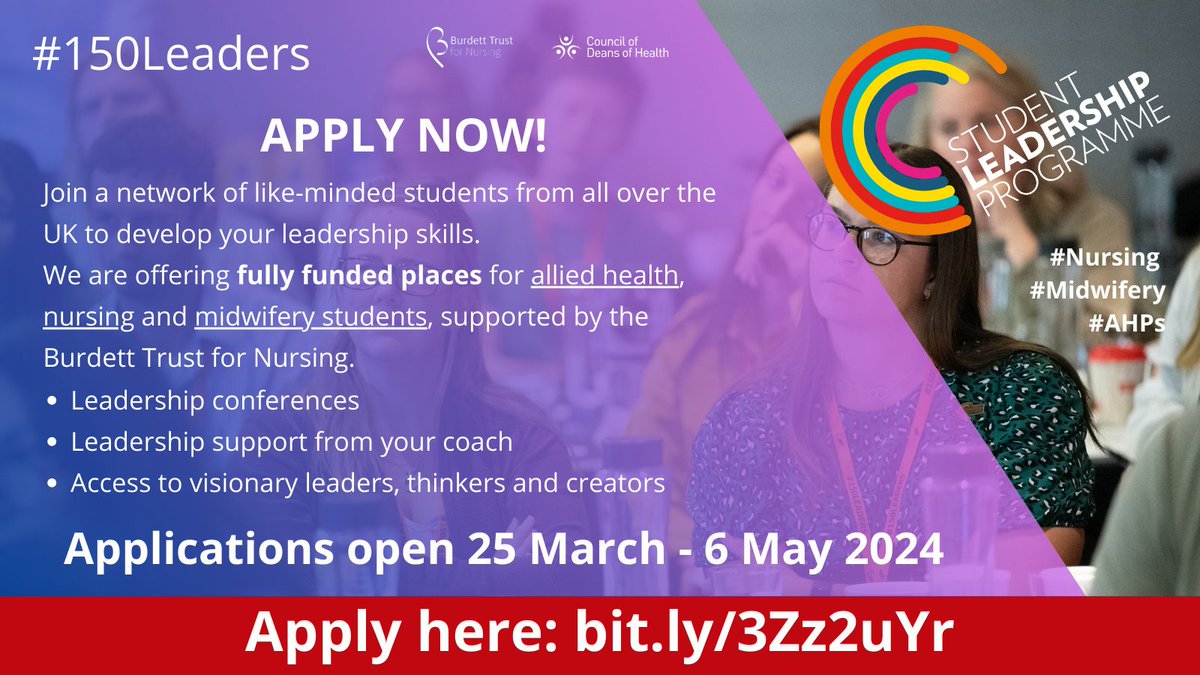 📢Are you a #healthcare student based in the #UK? There is still time to apply for the 2024-2025 #150Leaders Student Leadership Programme. Don't miss your opportunity! Find out more: bit.ly/3Zz2uYr @BurdettTrust @AHPleadership @SWANSLA @leadership_log @Leadership4PC