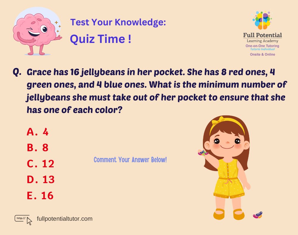 🔍 Put your thinking caps on! How many jellybeans does Grace need to pull out to guarantee she has one of each color? Give it a try! 🌈 #CriticalThinking #ProblemSolving #BrainTeaser #FPLA #Miami