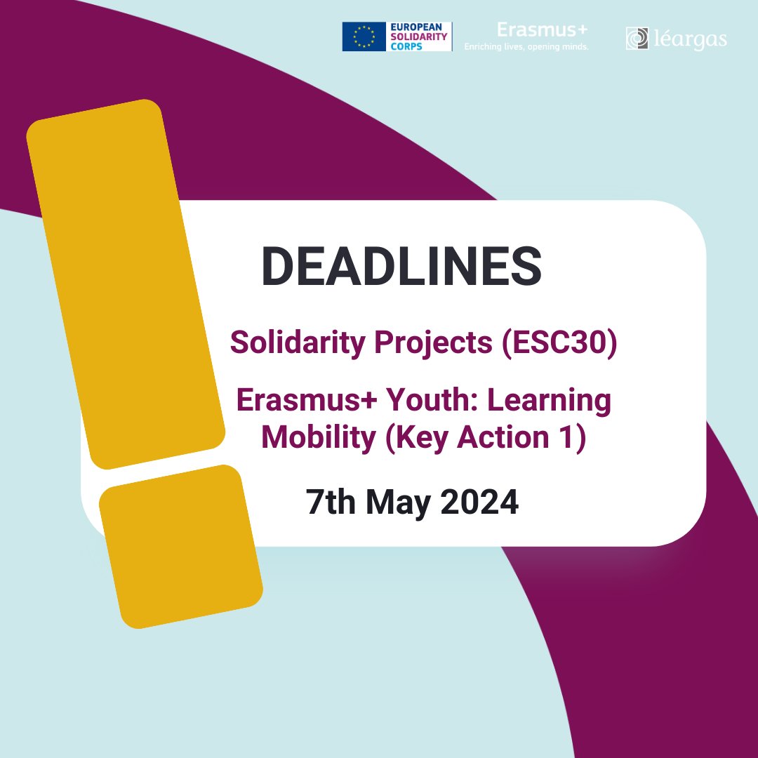 Leargas's tweet image. Save the date! 📆

The deadline for applications to participate in Erasmus+ Youth Learning Mobility (KA1) and ESC Solidarity Projects closes on 7th May 2024. 

Don&apos;t miss this great opportunity! Apply now ➡️ bit.ly/3vVzjWh

#ErasmusPlus #ESC #Léargas