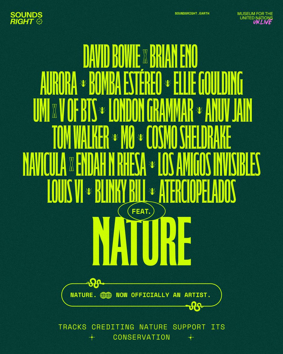 earthpercentorg's tweet photo. NATURE. Now officially an artist.

@soundsright2024 launches today, a music initiative by @museumfortheun to recognize NATURE as the artist she is. 

Tracks crediting NATURE support the conservation of previous ecosystems.

Learn about Sounds Right: https://t.co/lehmz2ajG9 https://t.co/8LJhuXLscE