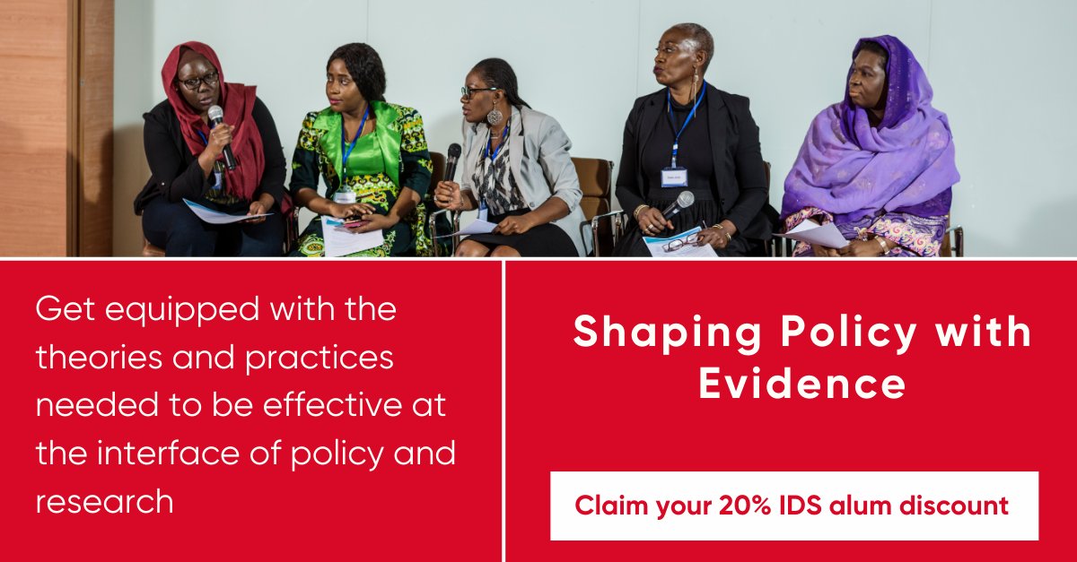 Calling all @IDSalumni! Claim your 20% discount on our upcoming Shaping Policy with Evidence online specialist short course. 📅 4 June - 16 July 📍Online 👉 Apply today: ids.ac.uk/specialist-sho… #PolicyCourse #InternationalDevelopment #SocialChange #Policy