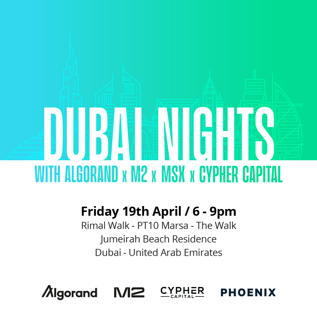 One day until Dubai Nights with Algorand, @M2Exchange, @MSXLimited and @cypher_capital 🇦🇪 With 1500+ registrants, grab your ticket before it's too late ⌛ Register 🔗: lu.ma/6qmxty3e?utm_s…