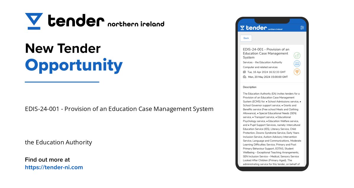 tendernicom's tweet photo. Opportunity alert! The Education Authority is seeking suppliers for Provision of an Education Case Management System. Check out the details and submit your bid now! #tenderni #Education #CaseManagement #NorthernIreland https://t.co/eqHUI1z6dN https://t.co/IUtNOQIErX