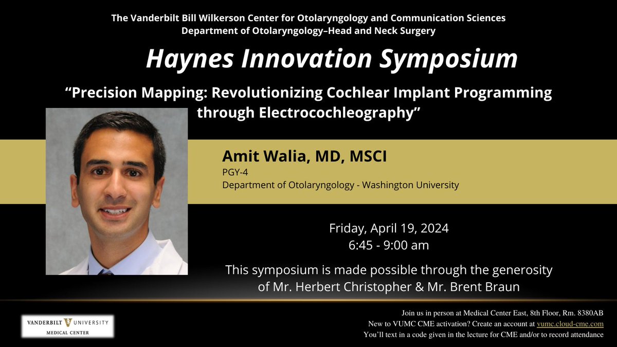 Congrats to our newest Haynes Award recipient @amitwaliamd. He will be serving as guest lecturer for our #GrandRounds tomorrow 4/19 with his presentation 'Precision Mapping: Revolutionizing Cochlear Implant Programming through Electrocochleography'. @haynes_ear @langermology