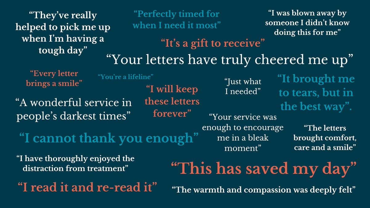 Just a small snapshot of the huge impact YOUR letters have on so many ❤️

If you would like to donate to help us reach more people and bring connection & kindness to those living with cancer - just £3 will pay for 4 letters to be sent to cancer patients.

frommetoyouletters.co.uk/donate-money