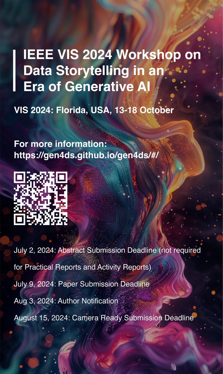 Xingyu Lan (@olivialan6) on Twitter photo #CallForPapers📢VIS Workshop on Data Storytelling in the Era of #GenerativeAI
Join us at #IEEEVIS in Oct to explore how AI enhances/challenges #datastory
Due: Jul 9
Web: gen4ds.github.io/gen4ds/#/
By: <a href="/olivialan6/">Xingyu Lan</a> <a href="/Leni88893923/">Leni</a> <a href="/zezhong_w/">Zezhong Wang</a> <a href="/wyunnn/">Yun Wang</a> <a href="/shidanqing/">Danqing Shi</a> & Sheelagh Carpendale #CallForPapers📢VIS Workshop on Data Storytelling in the Era of #GenerativeAI
Join us at #IEEEVIS in Oct to explore how AI enhances/challenges #datastory
Due: Jul 9
Web: gen4ds.github.io/gen4ds/#/
By: <a href="/olivialan6/">Xingyu Lan</a> <a href="/Leni88893923/">Leni</a> <a href="/zezhong_w/">Zezhong Wang</a> <a href="/wyunnn/">Yun Wang</a> <a href="/shidanqing/">Danqing Shi</a> & Sheelagh Carpendale
