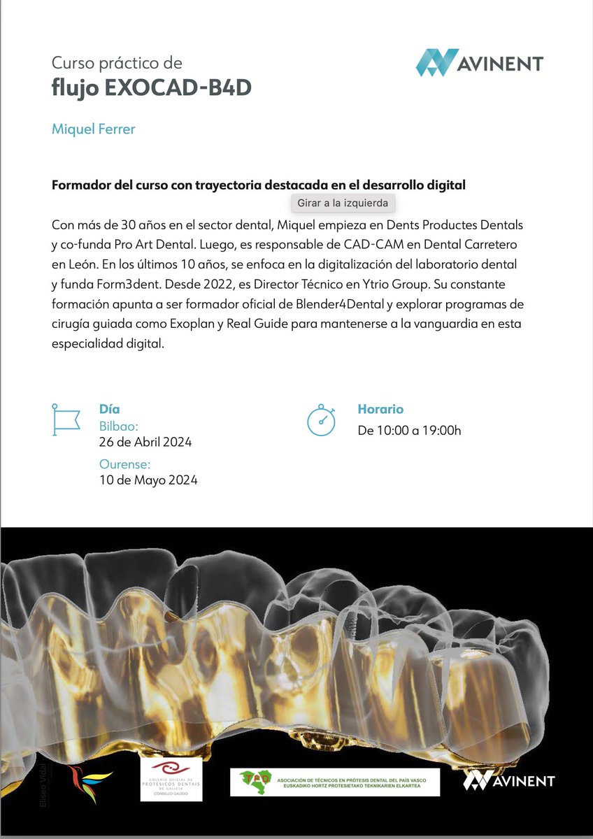 coprodega's tweet photo. O próximo 10 de maio en Ourense terá lugar o curso práctico de flujo EXOCAD-B4D impartido por Miquel Ferrer, Director Técnico en Ytrio Group. O horario será de 10.00 a 19.00 horas.

Máis información na nosa web
📲https://t.co/bKvUsVY0gK https://t.co/S3is9WvCbW