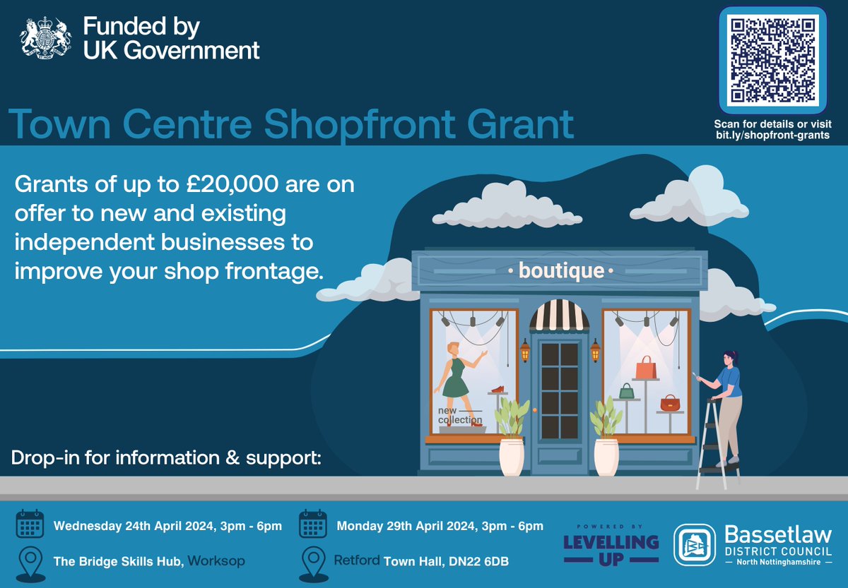 EMCCAGrowthHub's tweet photo. New and established independent businesses in Worksop, Retford and Tuxford are being invited to apply for up to £20,000 to improve shop frontage, courtesy of Bassetlaw District Council's Town Centre Shopfront Grant.

Find out more: https://t.co/BNI9HzD8jb https://t.co/8RuGBLbkrh