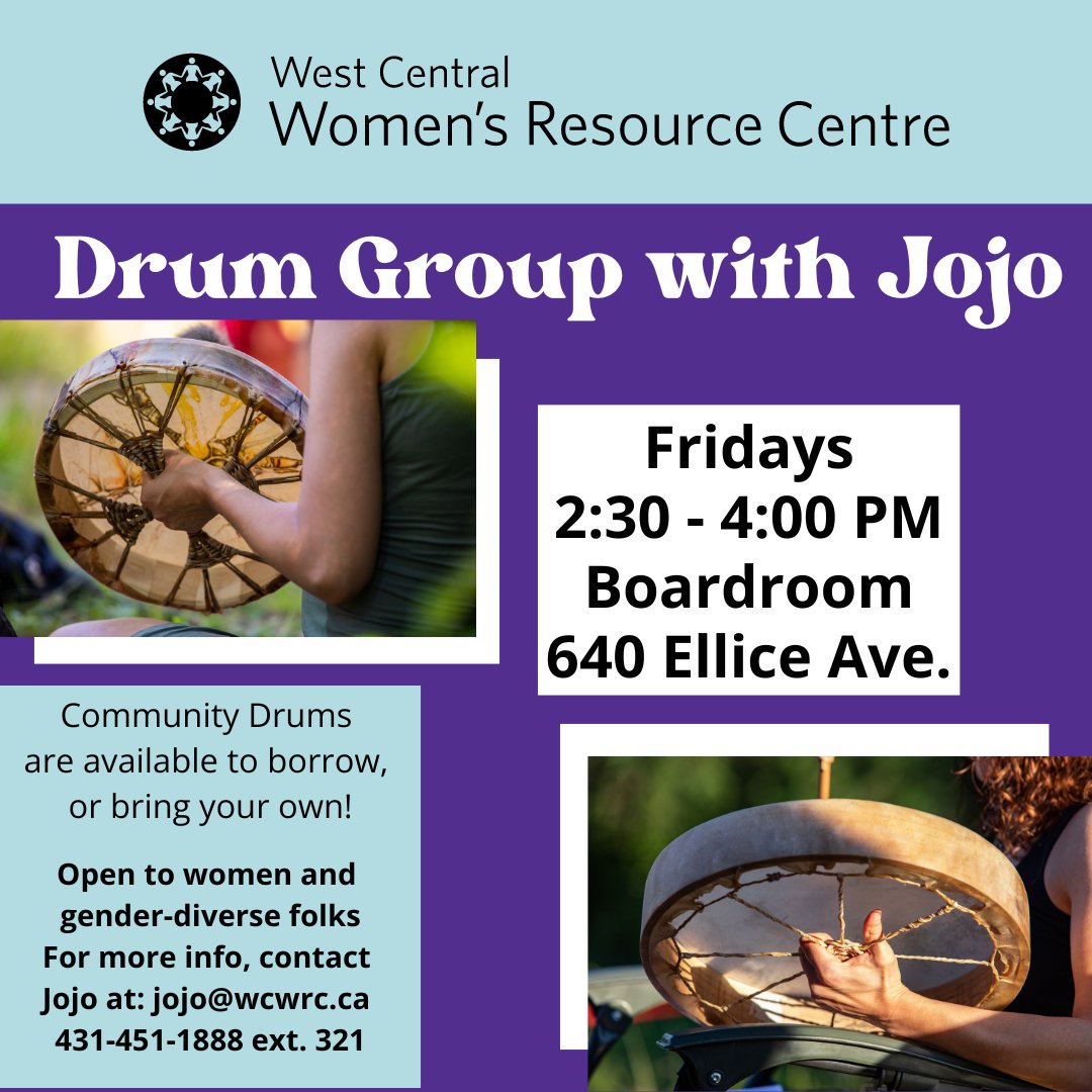 Drum Group is on Fridays from 230-4PM in the board room at 640 Ellice Ave. There are drums available to share, or you may bring your own. This program is open to women and gender diverse folks.