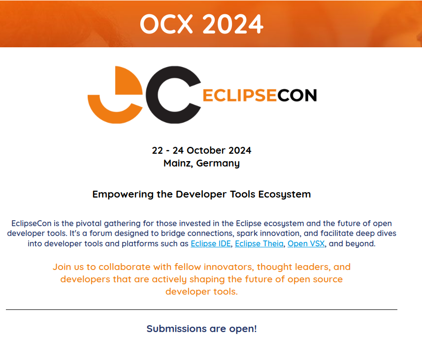 EclipseJavaIDE's tweet photo. #OCX2024 'Open Community eXperience' is set for Oct 22-24 in Germany. The #EclipseCon colocated conference focusing on dev tools like #EclipseIDE, #EclipseTheia, and Open VSX call for proposals is now open, 👉[https://t.co/9zG8ajrvjT] #EclipseFoundation #CFP https://t.co/QZ9Ky6XkgG