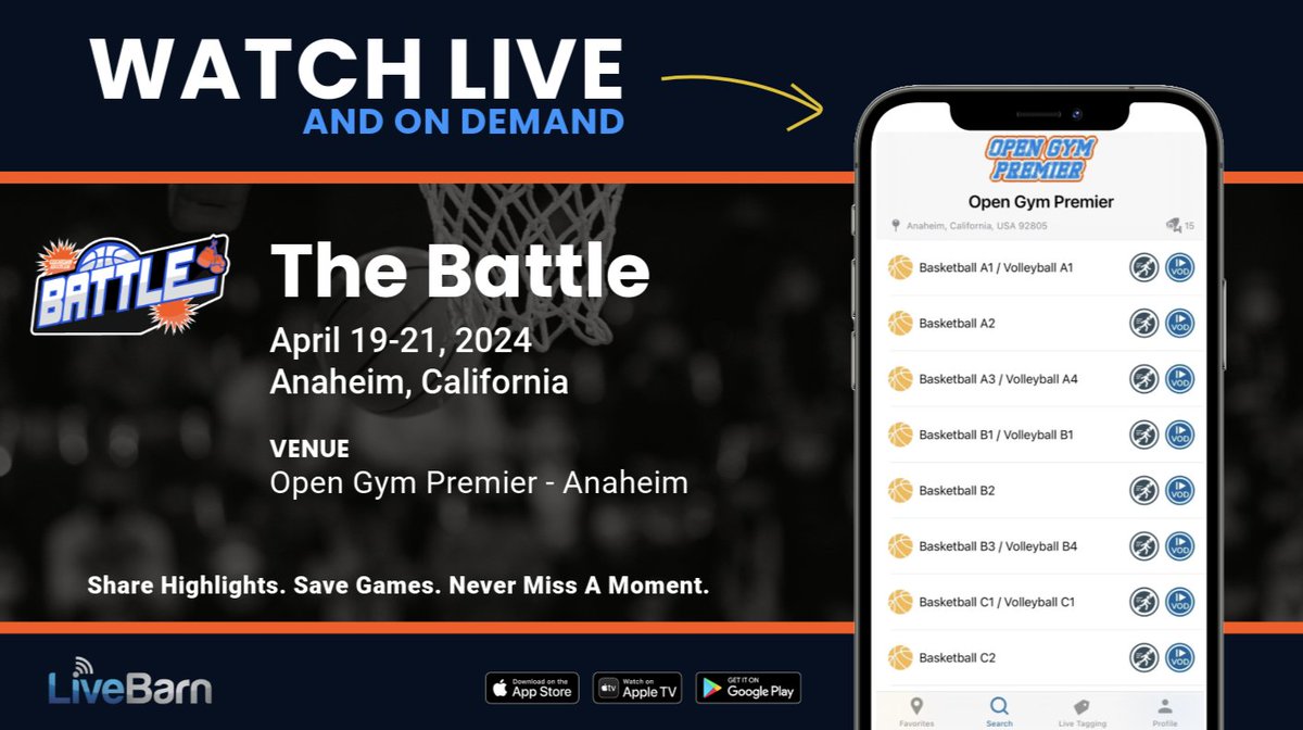 The Battle, presented by Open Gym Premier, begins tomorrow in California! 🏀 Can't make it to the court? We are streaming games throughout the weekend. Watch live or on-demand for 30 days, and don't forget to submit your highlights for a chance to be featured! 🎥