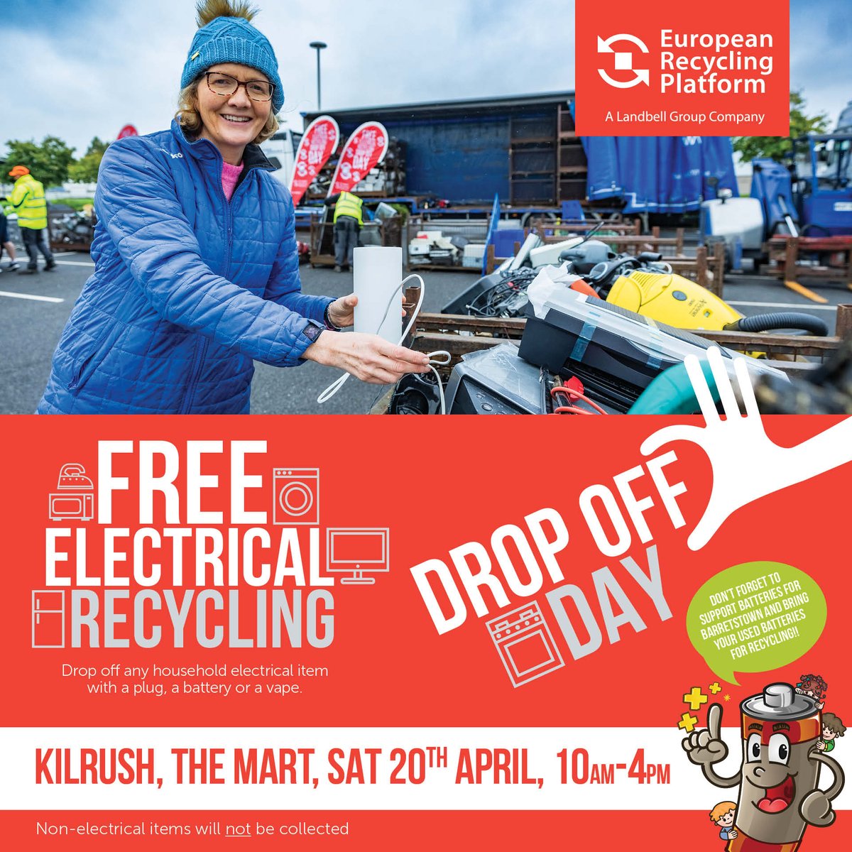 From #Clare? FREE @ERPIreland #Electrical #Recycling Drop-off day on Sat April 20th @ Kilrush Mart from 10.00am to 4.00pm w/ @ClareCoCo @MyWasteIreland - @burrencollege @ConnectClare @GreenerClare - Drop off any household item with a plug, cable or battery!