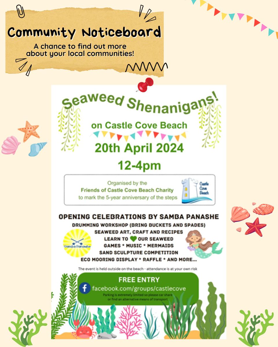 The Friends of Castle Cove Beach Charity are putting on a Seaweed Shananigans event to celebrate 5 years of the steps at Castle Cove Beach. They have an exciting line up for the day 😍 🎫 FREE entry 🗓️ Saturday 20th April 🕛 12pm-4pm #weymouthdorset #weymouthevents