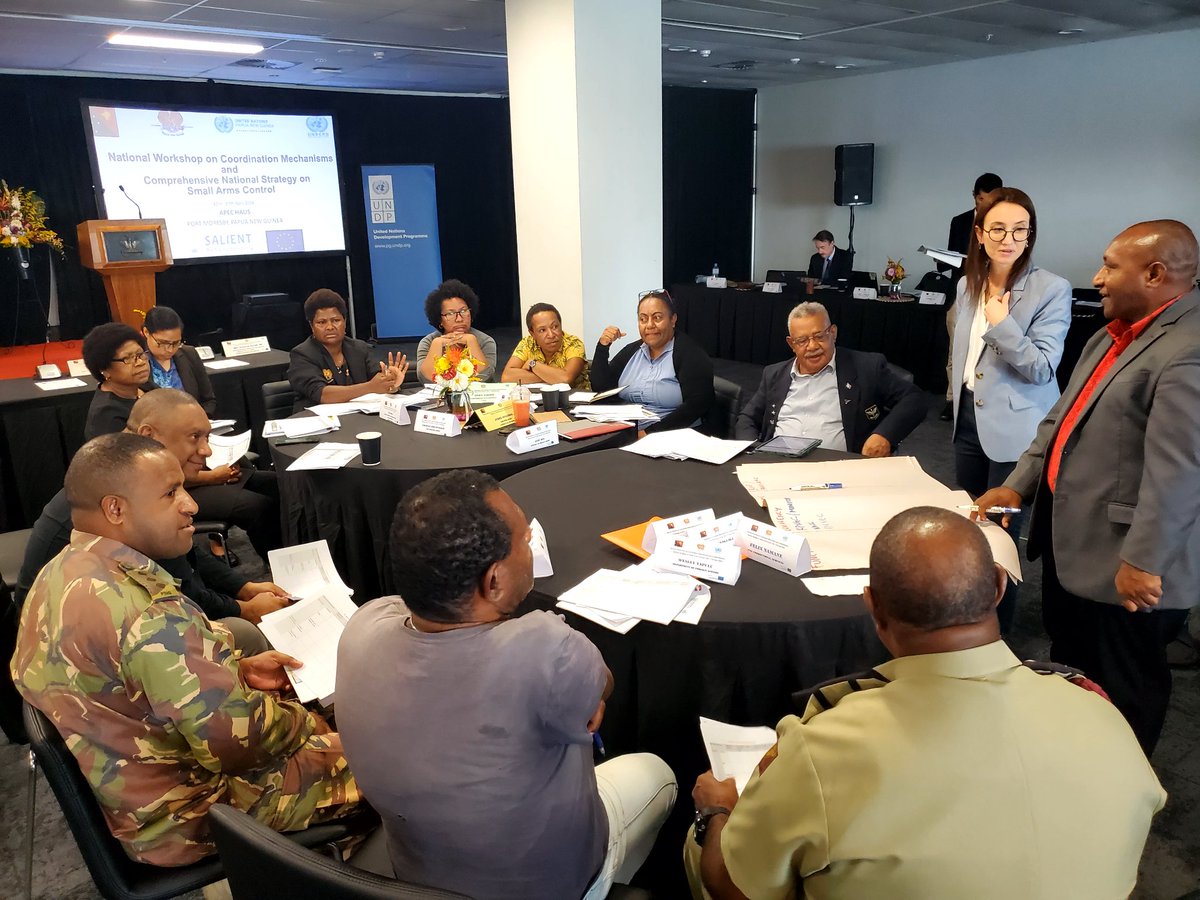 UNRCPD's tweet photo. On 15-17  April, we concluded the national workshop on SALW control, together withthe Govt of #PNG @UNinPNG and @eu_eeas. Under the #SALIENT initiative, experts from @MAGsaveslives and @Centre_AVR led exercises to develop recommendations for a PNG national action plan on #SALW. https://t.co/FodEiCxMQq