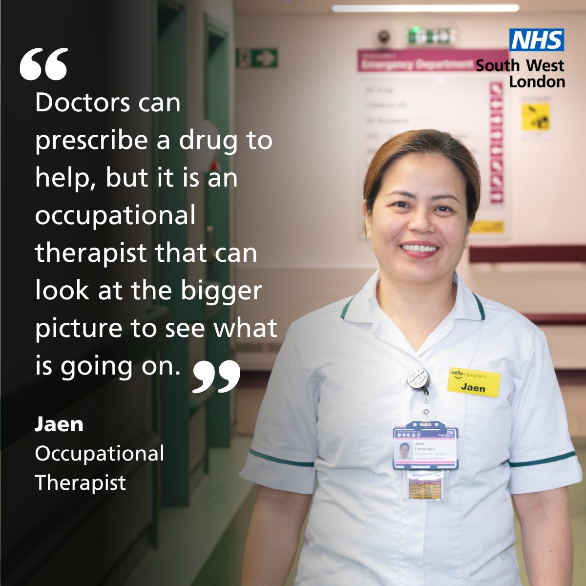 Jaen, an eternal optimist and star baker, heads the Kingston Hospital team, which supports patients admitted to the emergency department to regain their independence. Find out how her team supports people to return home safely from hospital: orlo.uk/JASuN #TeamSWLNHS