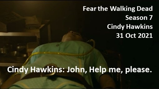 Cindy Hawkins: John, Help me, please.

#FearTheWalkingDead
Season 7
Cindy Hawkins
31 Oct 2021
#FearTWD, #FTWD
Zombie Apocalypse
HALLUCINATION
Texas
Teddy's Victim
Brittany Bradford