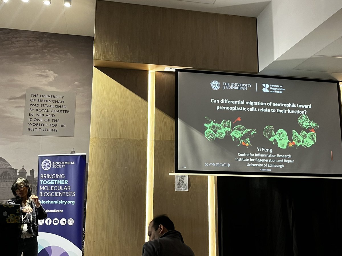 Kicking off the second half of Session 5 is Yi Feng (@YiFeng_Fishlab) with a talk entitled ‘does the differential migration behaviour of neutrophils attracted to preneoplastic cells predict their function?’ @BiochemSoc #biochemevent