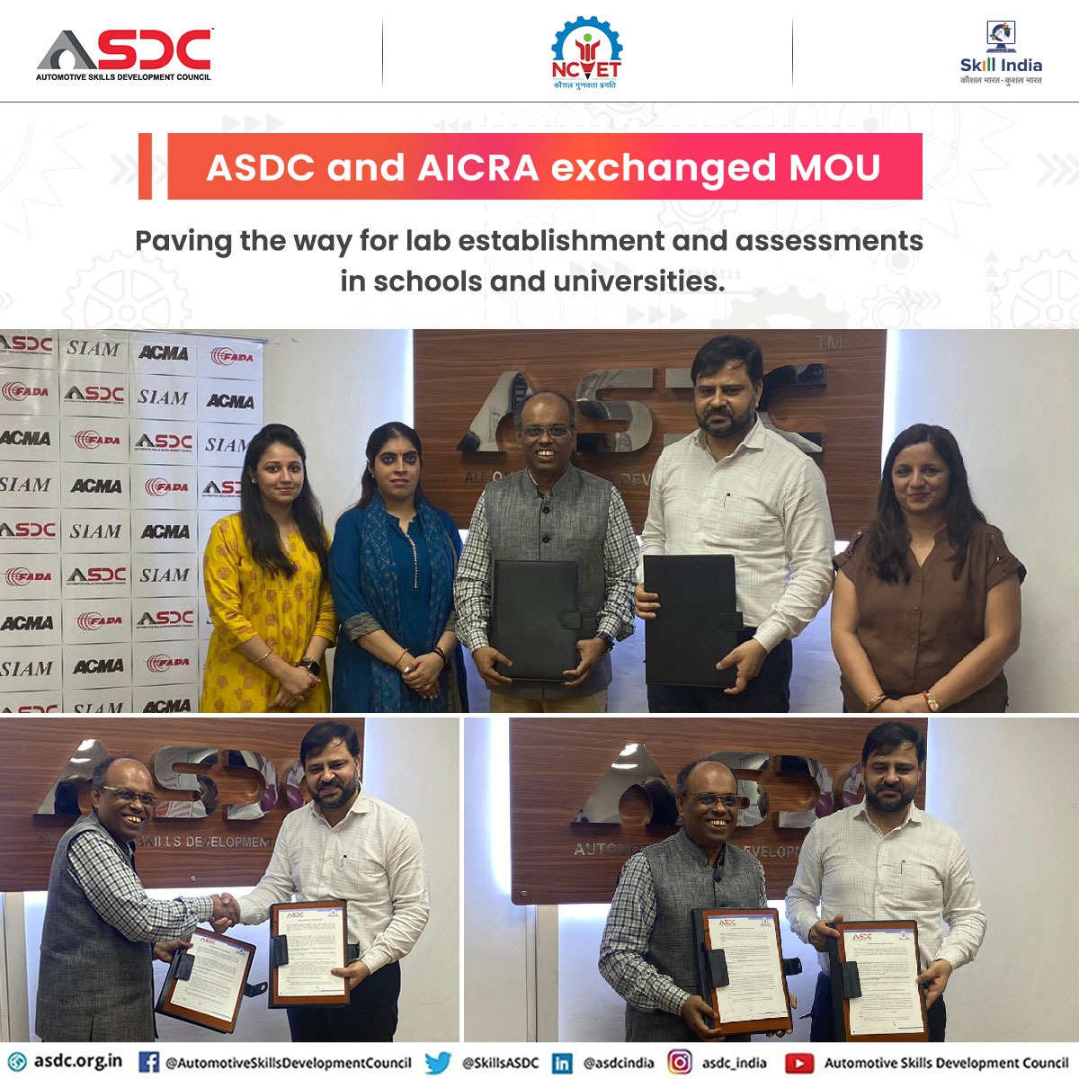 Here are some glimpses from the MOU exchange between ASDC and AICRA, laying the foundation for lab setup, assessments and organizing joint events for technical promotion in educational institutions.

#MOU #skillindia #AutomotiveIndustry #events #EnhanceYourSkills #SkillingNation