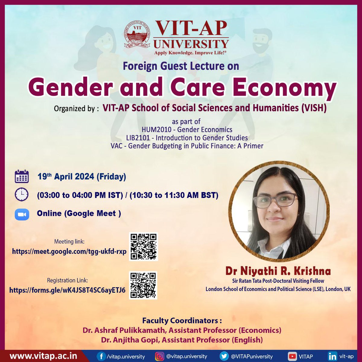 Don't miss our Foreign Guest Lecture on 'Gender and Care Economy' by Dr. Niyathi R. Krishna, a distinguished scholar from LSE, London. Register now: forms.gle/wK4JS8T4SC6ayE… #GenderEconomics #GenderEquality
