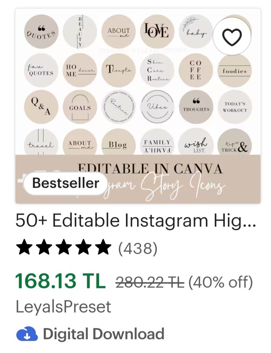 Etsy de ne satalım diye soranlar için minik bir örnek. Instagram öne çıkanlar ikonları bestseller ürün olmuş. Mağazayı gayet başarılı buldum. Sadece bu niş ürün üzerinden 5.283 tane satış yapmış. Fiyatlarda ucuz değil kazancını siz hesaplayın.