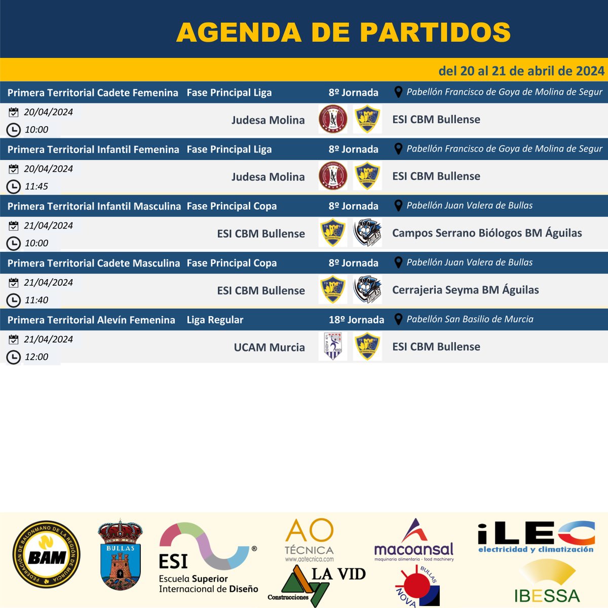📅 AGENDA DE PARTIDOS

#BALONMANO #BULLENSE #BULLAS #CANTERA #ORGULLO #FAMILIA