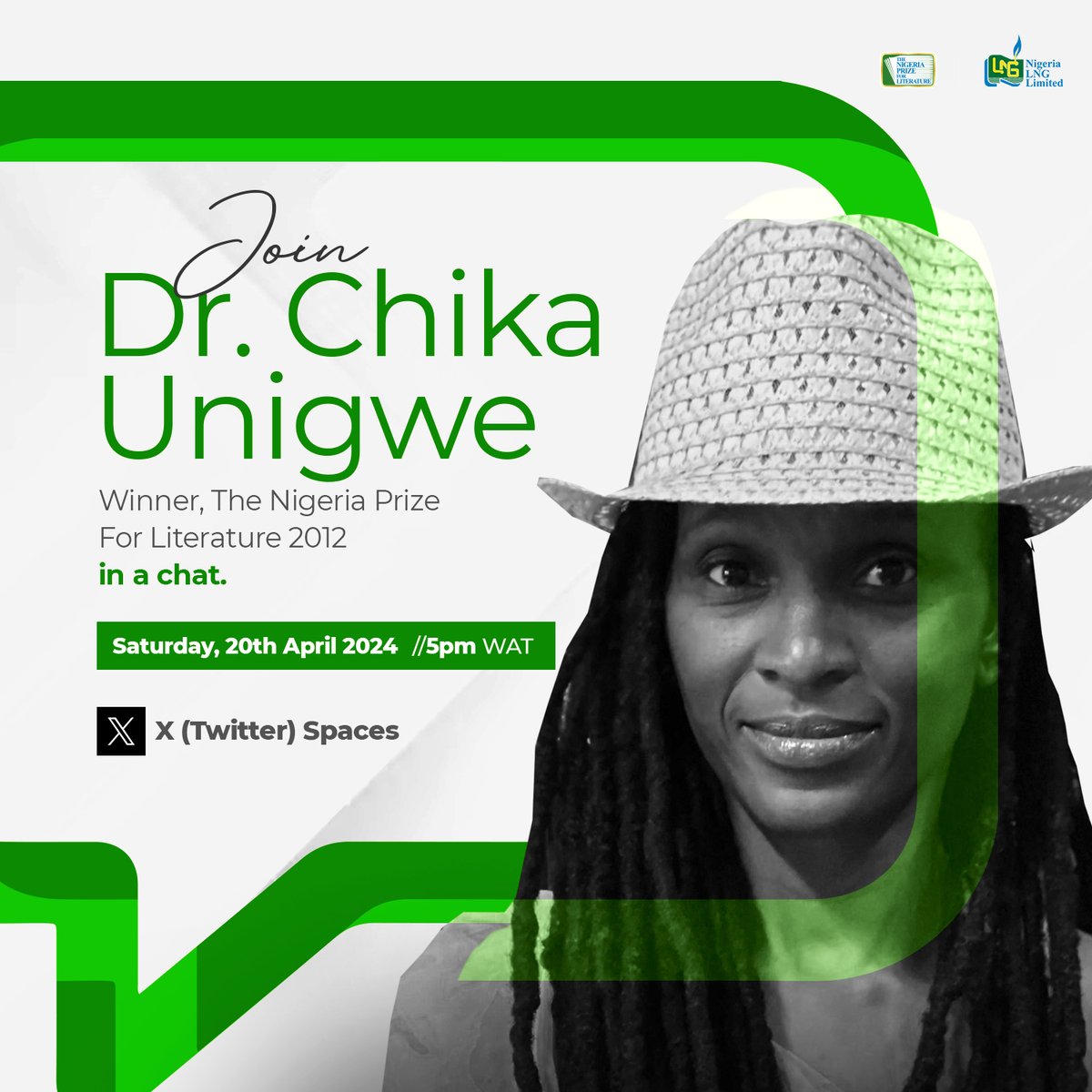 Join @chikaunigwe, winner of The Nigeria Prize for Literature, 2012, in a fireside chat on Saturday, 20th April at 5pm WAT. We'll discuss her writing career, her books, winning the NLNG Prize for Literature, and what she's working on. Set a reminder: twitter.com/i/spaces/1BRJj…