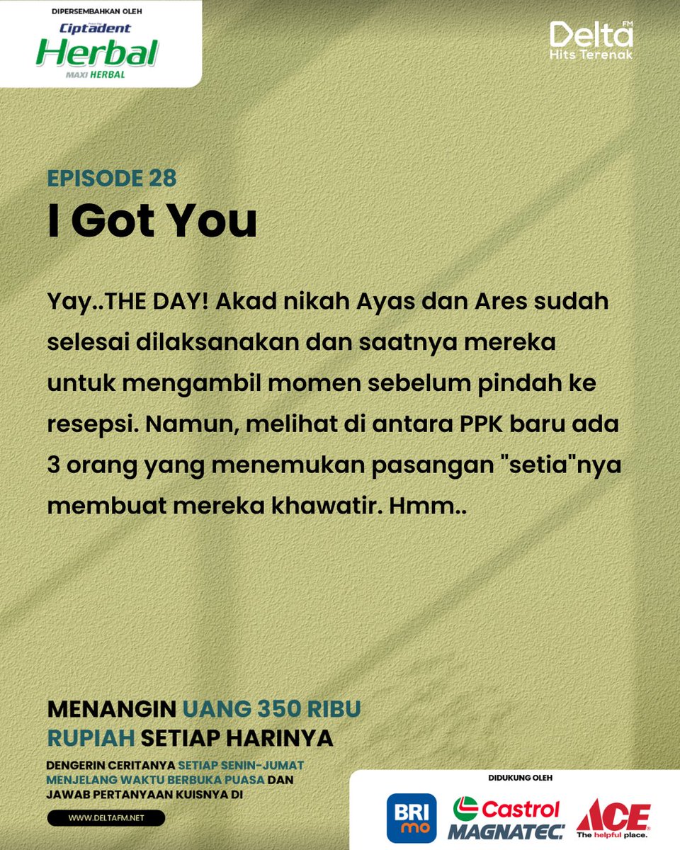Masih ada yang mau 350rb rupiah dari mimin? Kalo masih cuss sikat pertanyaan hari ini

Siapa yang akhirnya mengambil foto PPK karena Mas Pitut menghilang?
A. YASMIN
B. HELEN

Jawabnya di deltafm.net yaa! Semoga kamu yang beruntung~ ✨

#TheStories4
#TheStories