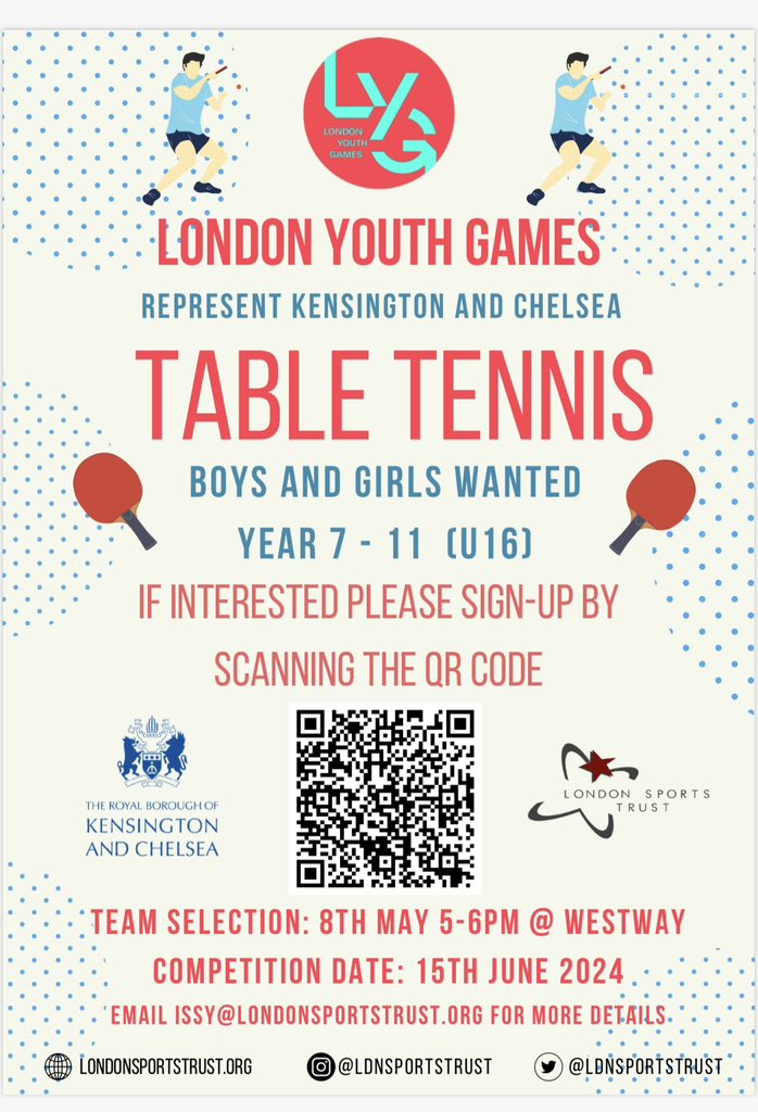 Would you like to join the Kensington & Chelsea Table Tennis team at the London Youth Games?🏆 Trials are on Wednesday 8th May 5-6pm at Westway🏓 To sign up and find out more about this fantastic opportunity, scan the QR code. ✍️ Any questions email issy@londonsportstrust.org